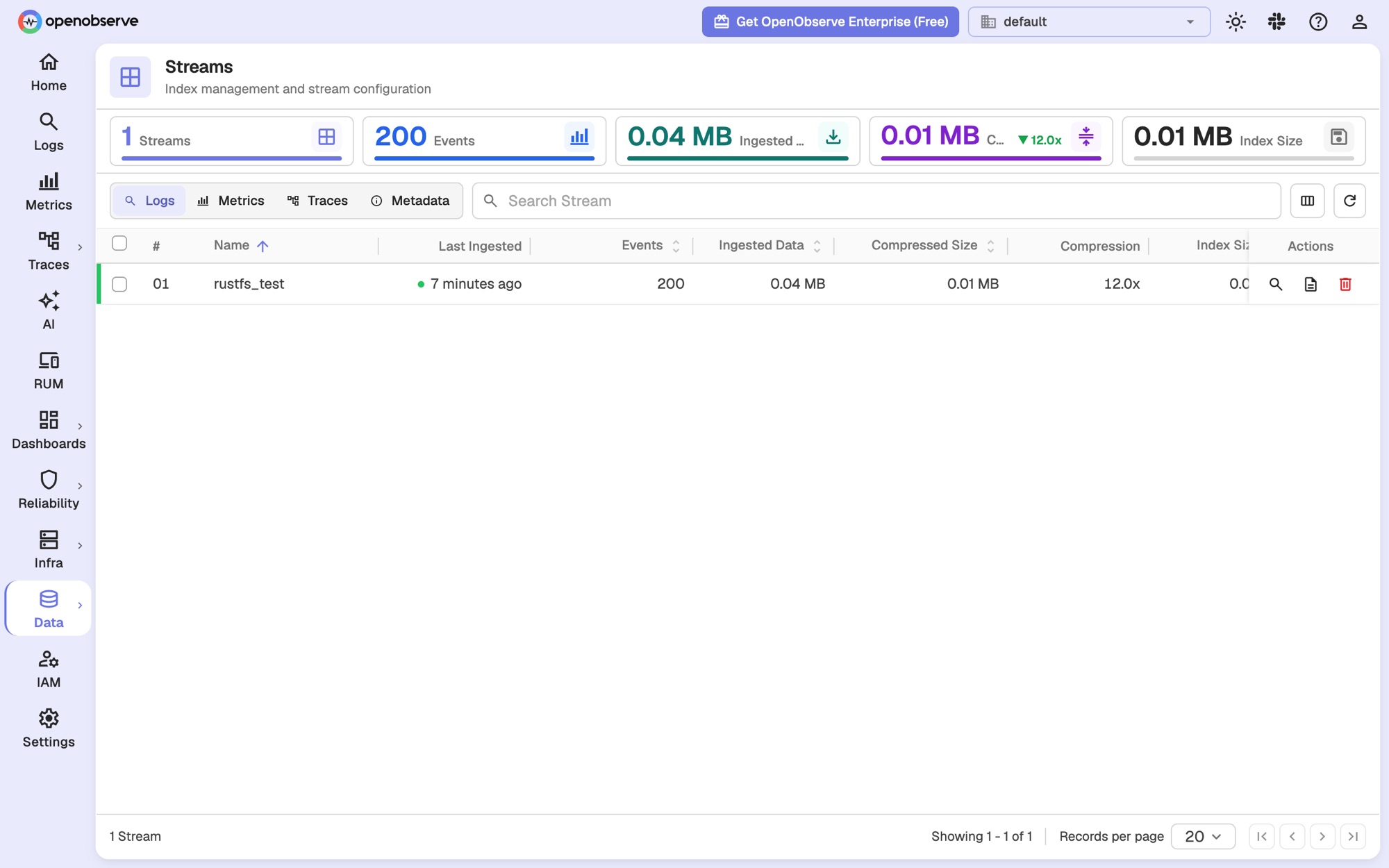 Statistiques du flux rustfs_test dans OpenObserve