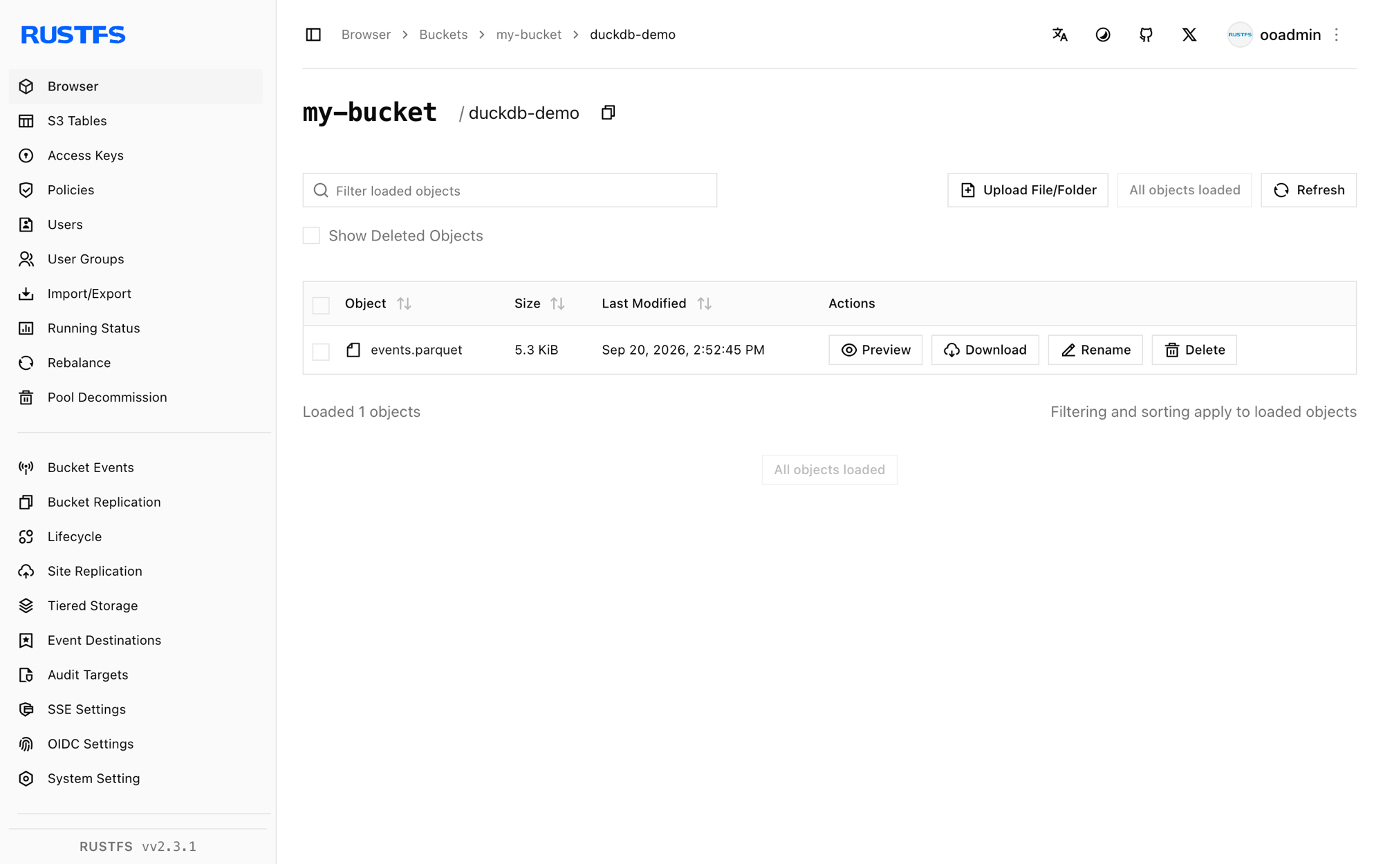 RustFS コンソールの duckdb-demo プレフィックス