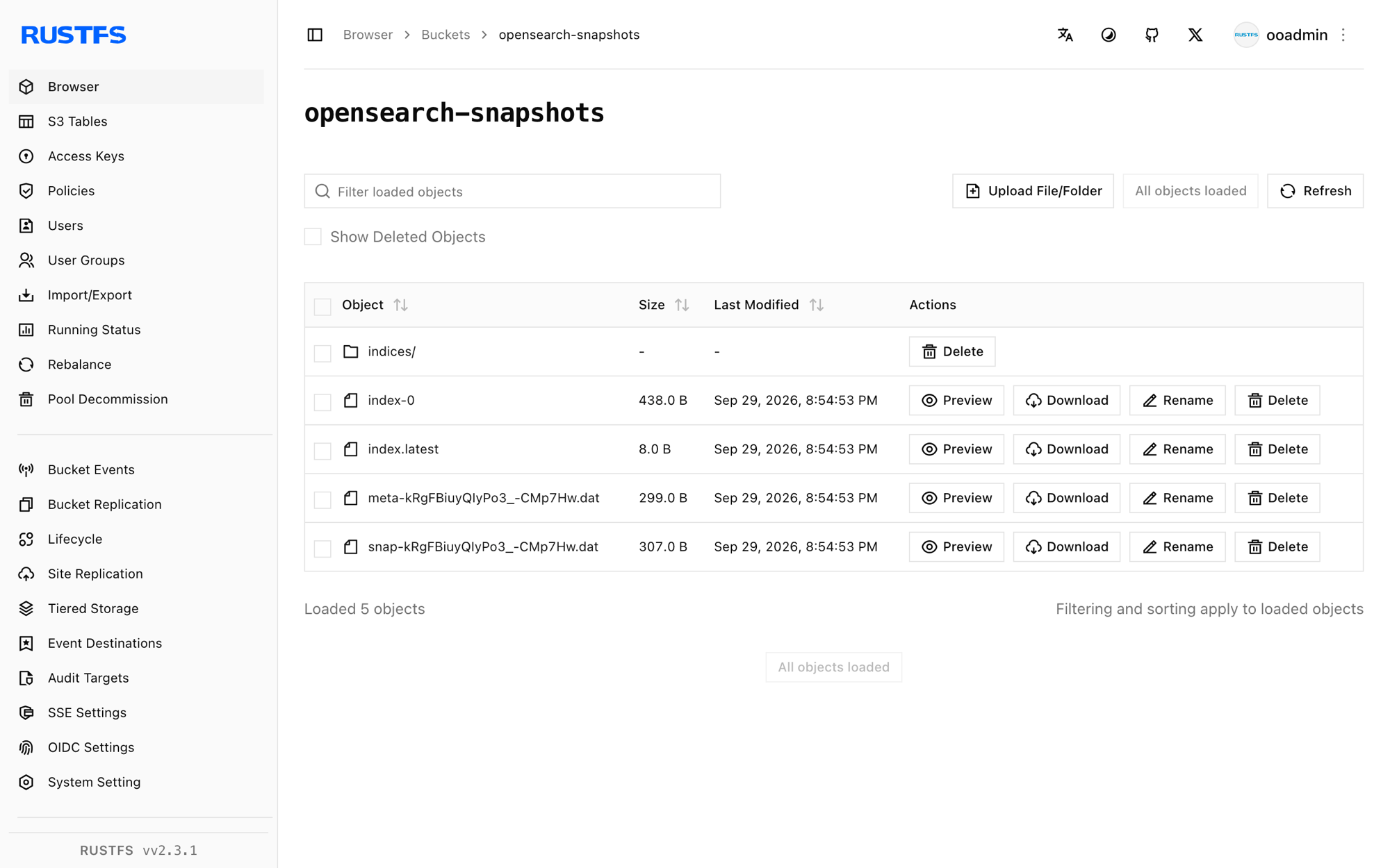 OpenSearch snapshot stored in the RustFS Console