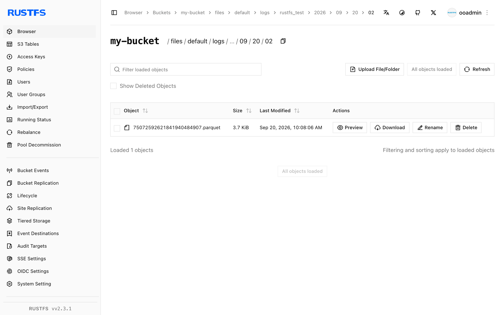 Fichier de données Parquet écrit par OpenObserve dans la console RustFS